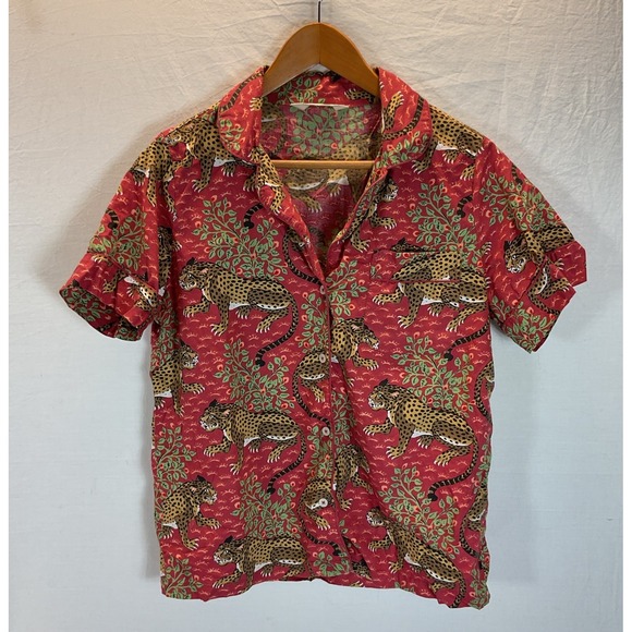 Anthropologie Other - Anthropologie Red Print Fresh Bagheera Jungle Cheetah Pajama ButtonUp Shirt Sz S